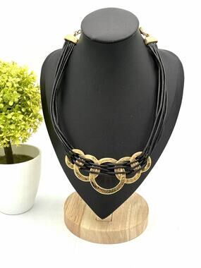 Chico’s Black Multi Cord Gold Tone Crackle Ring Statement Necklace 14” Choker